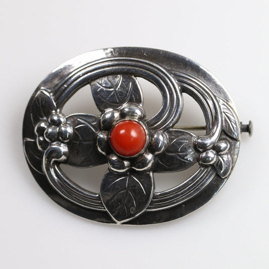 SOLD OUT: Georg Jensen Jewelry | Carnelian Floral Art Nouveau Silver Vintage Brooch 138 - Carmel FSJ
